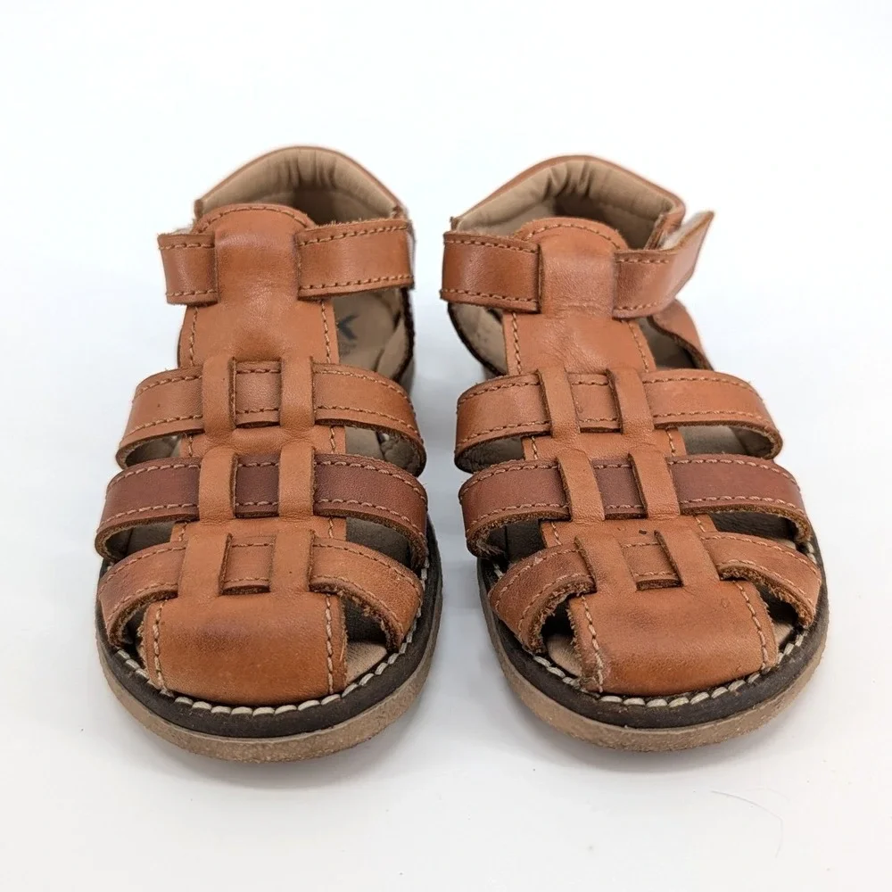 PK Power Kids Leather Fisherman Sandals Tan Woven Cage‎ Shoes Size 8.5-9.5